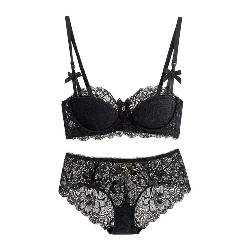 Modest French Pure Desire Bralette AB Cup Couverture complète Soutien-gorge en dentelle et ensemble Petit buste Push Up sans fil pour fille potelée Bow Grande taille — image 8