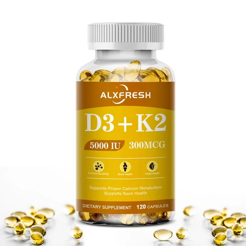 Vitamin D3+K2 5000 IU 300 MCG Vitamins Capsules | Non-GMO Vegan Nutural Gluten-free | Health Supplement