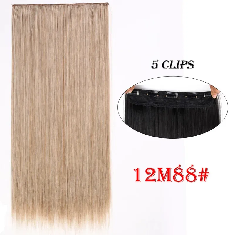 One Piece Clip In Hair Extensions 24" Straight Thick Synthetic Clip In Hairpieces Highlights Black Brown Soft For Women Daily