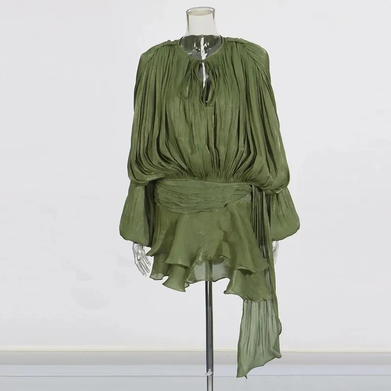 Solid Spliced Lace Up Loose Dresses For Women O Neck Long Sleeve High Waist Temperament Dress Female Fashion New — image 19