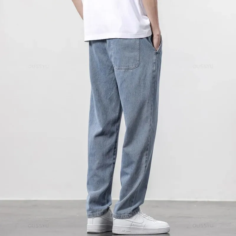 High Quality Fully Elastic Waist Men's Jeans Cotton Soft Drawstring Straight Pants Korea Casual Trousers Male Plus Size S-5XL — image 3