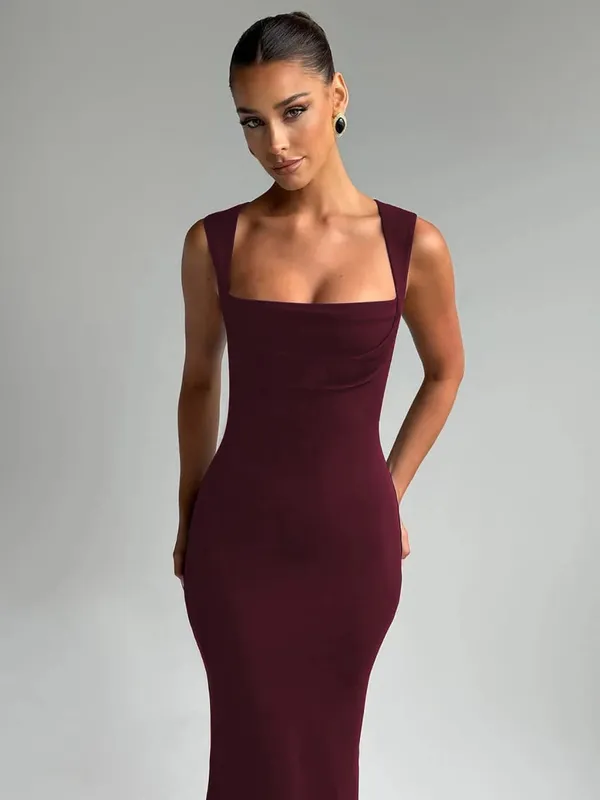 Hugcitar Women Elegant Solid Square Collar Straps Sexy Bodycon Maxi Prom Dress Summer Women Y2K Clothes Evening Party Birthday