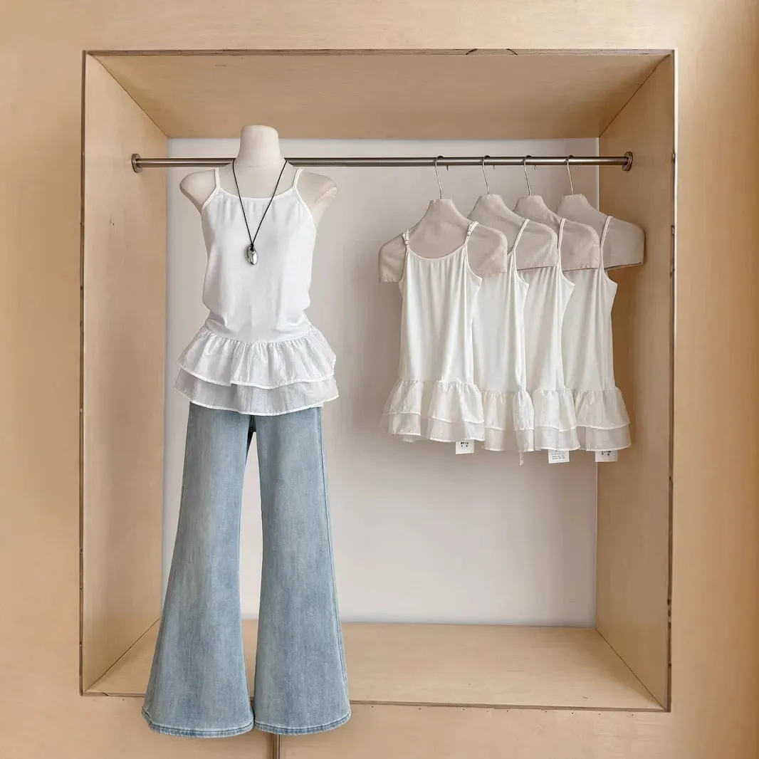 White Camisole Top for Women with Ruffle Double-layer Skirt Women Sleeveless Tank Top Splicing Slimming Strapless Base Vest Tee — image 4