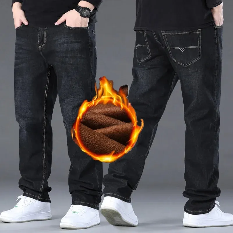 Oversized Plus Velvet Thick Jeans Men's Winter Youth Straight Loose Fleece Warm Pants High Waist Men's Plus Size 52 50 10XL — image 3
