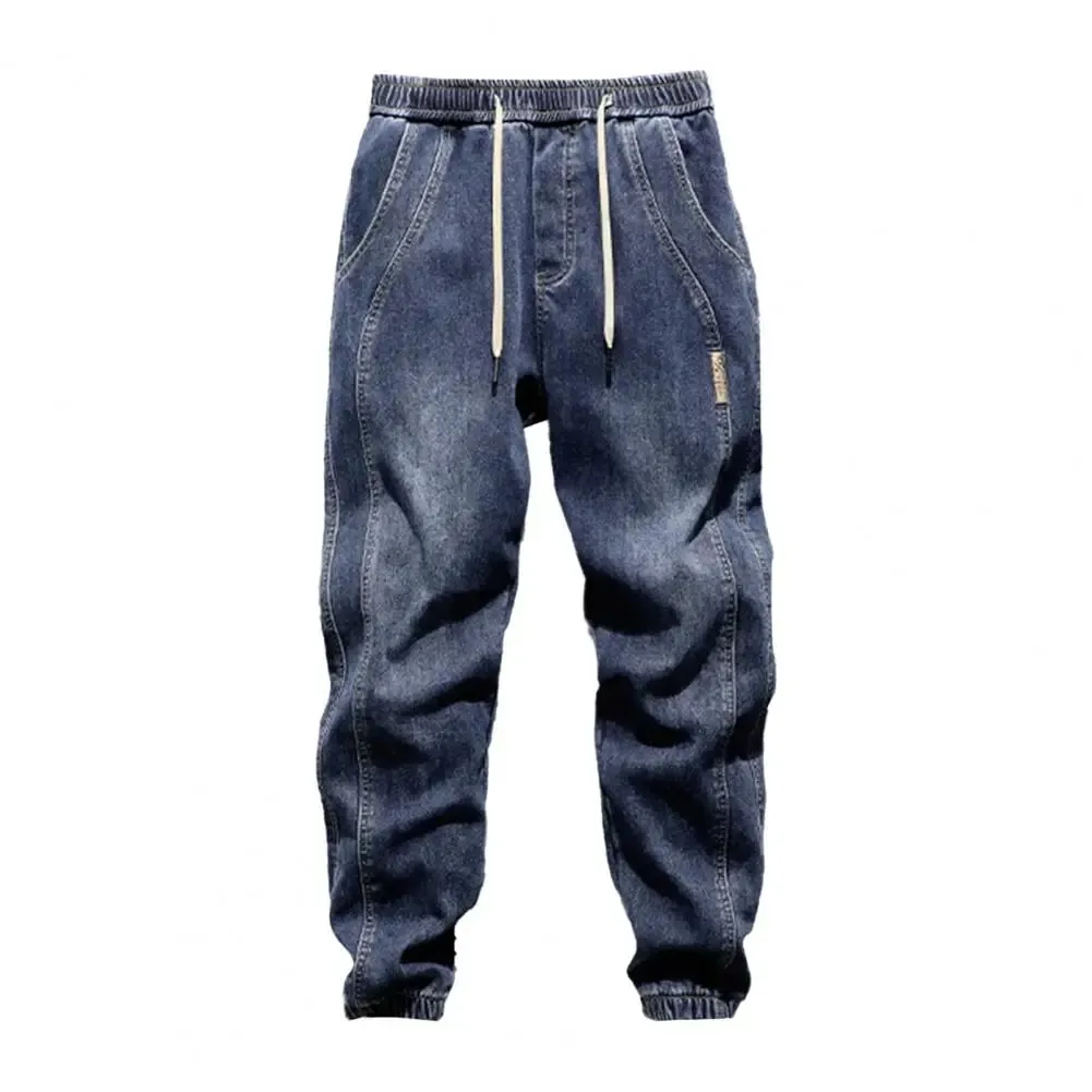 Harem Jeans with Leg Bindings Pockets Elastic Waist Adjustable Drawstrings Men Jeans Solid Color Street Style Jogger Pants