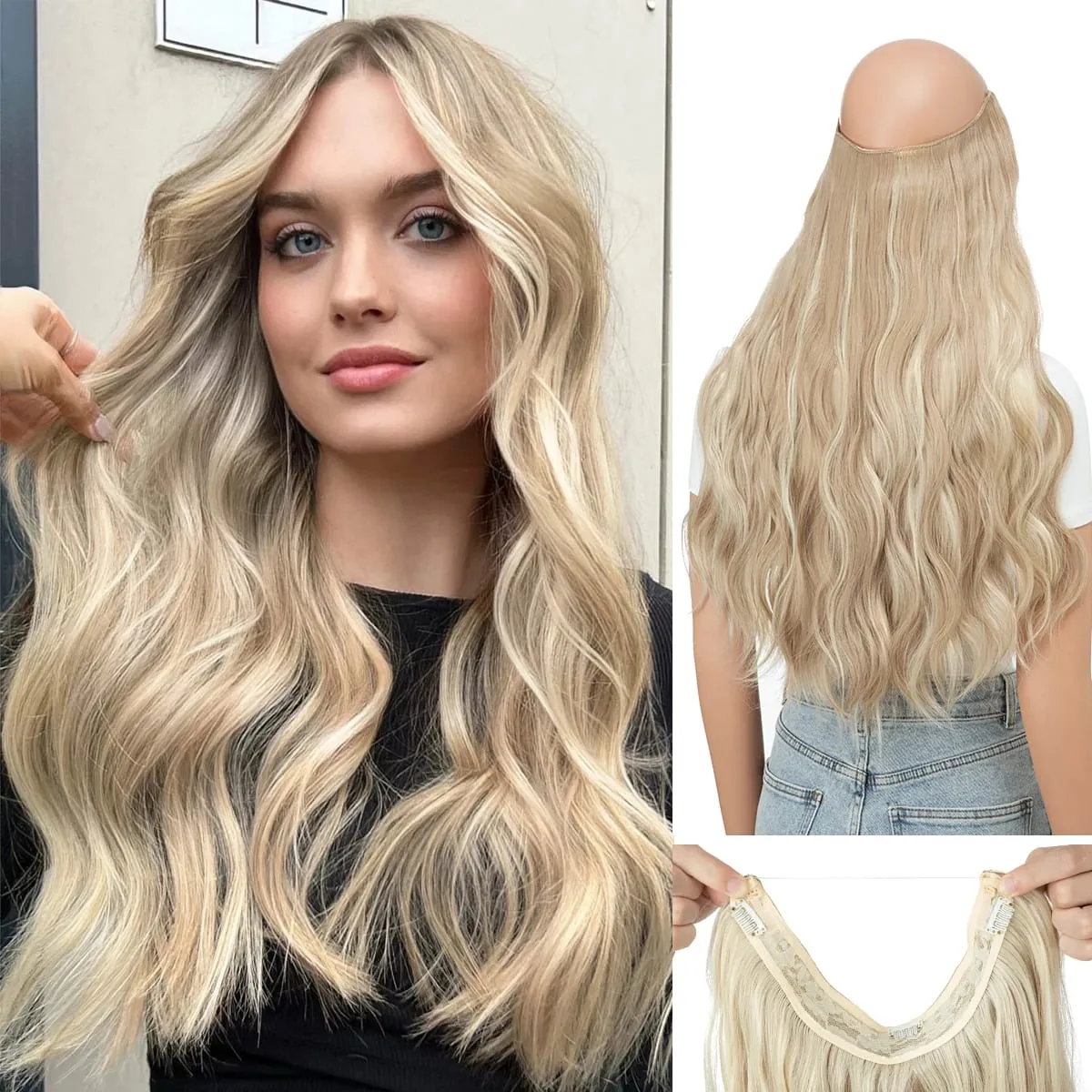 Synthetic Wave Invisible Clip in Hair Extensions Fish Line Ombre One Piece Natural Hairpiece Fake Blonde Hair Piece — image 14