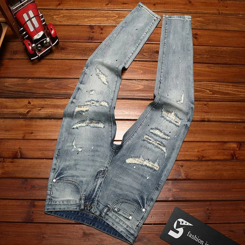 Ripped patch jeans for men scraped and worn summer slim fit small feet elastic fashionable nostalgic retro long pants