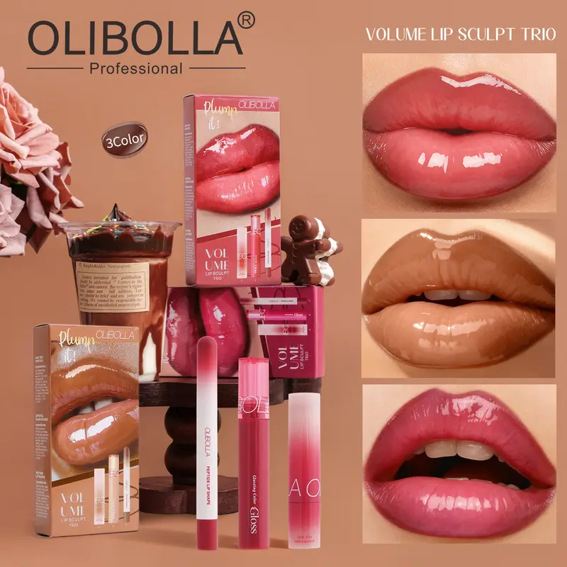 3PCS Lip Makeup Set Lip Liner Pencil + Glossy Lip Glaze + Mirror Shine Lipstick Long Lasting Waterproof High Pigment Lip Kit — image 2