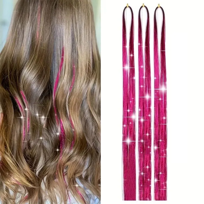 Extensions capillaires synthétiques brillantes de couleur arc-en-ciel, 90cm, 3 pièces/ensemble, guirlandes Laser longues et lisses, résistantes à la chaleur, Extensions de cheveux féeriques, fête quotidienne