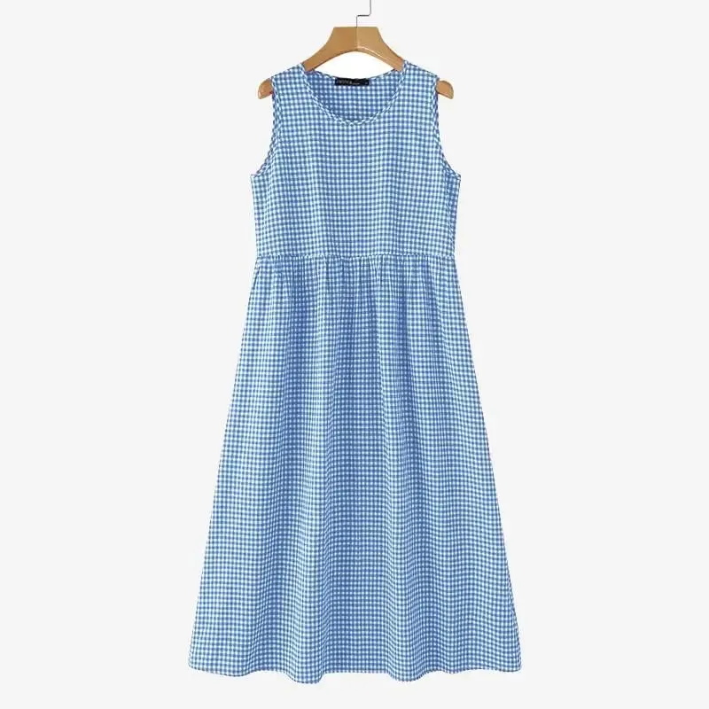 Summer Plaid Checked Sundress Sleeveless Bohemain Holiday Dresses Women Elegant O Neck Dress Casual Baggy Work Vestidos — image 8