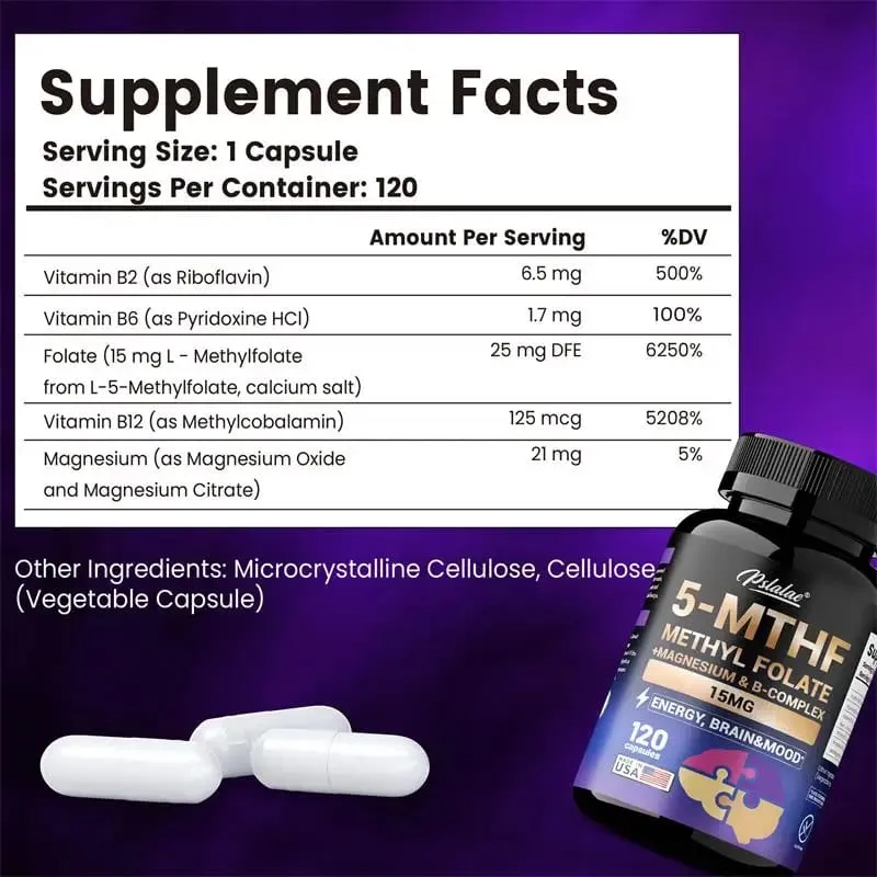 5-MTHF Methylfolate Supplement - Enhances Memory Focus and Clarity Boosts Cognitive Function Energy Brain and Mood Support