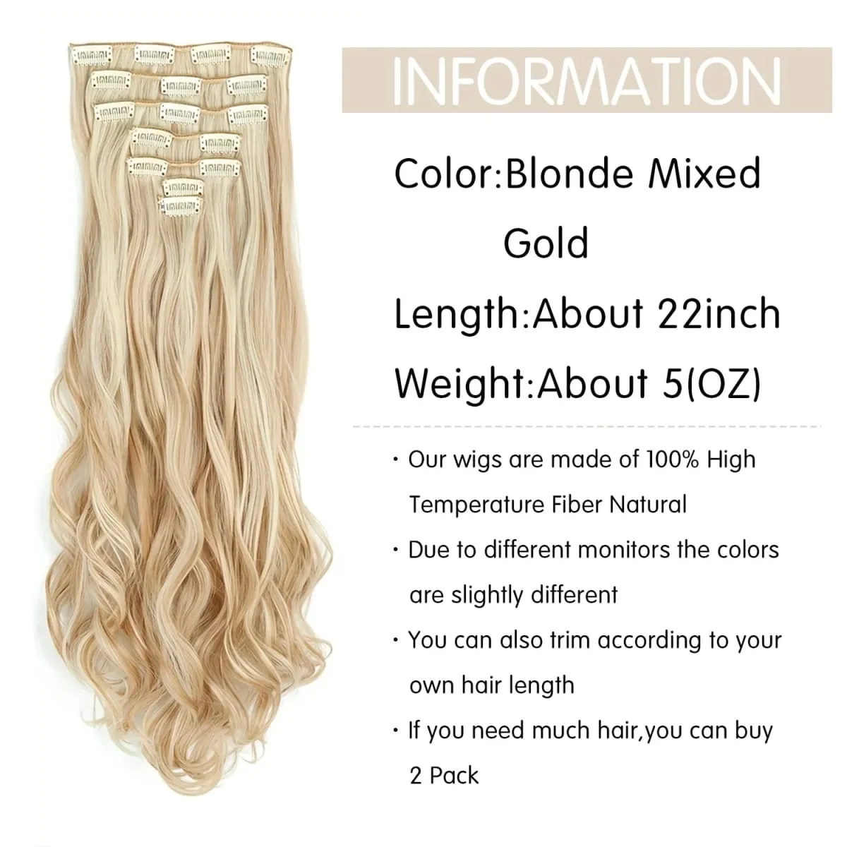 Clip In Hair Extensions 7PCS Full Head 22 Inch Long Curly Wavy Synthetic Hair Pieces Natural Wavy For Women Girls Hair — image 3