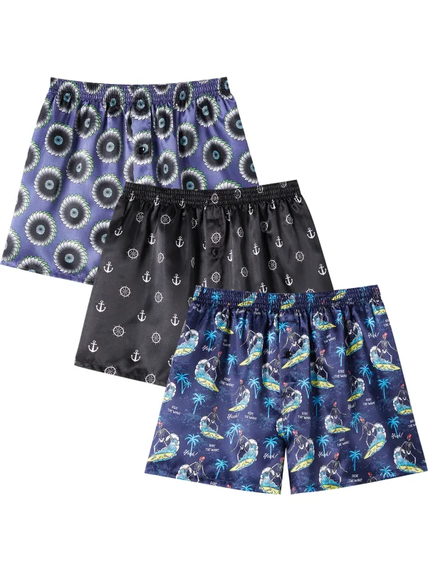 Jupitersecret 3pcs Men's Boxer Shorts Satin Fashion Prints Comfortable Casual Underwear with Elastic Waistband