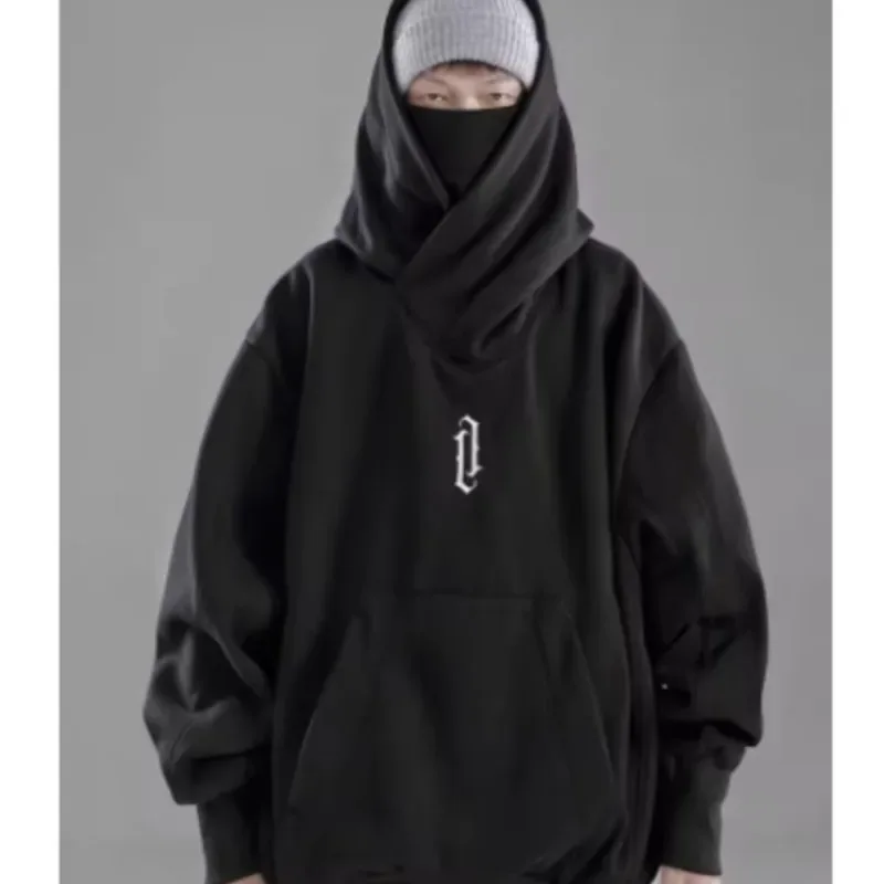 Felpa a collo alto con ricamo Felpa oversize Y2K Uomo Donna Felpa con cappuccio Ninja giapponese Autunno Hip Hop Tasca in pile Streetwear