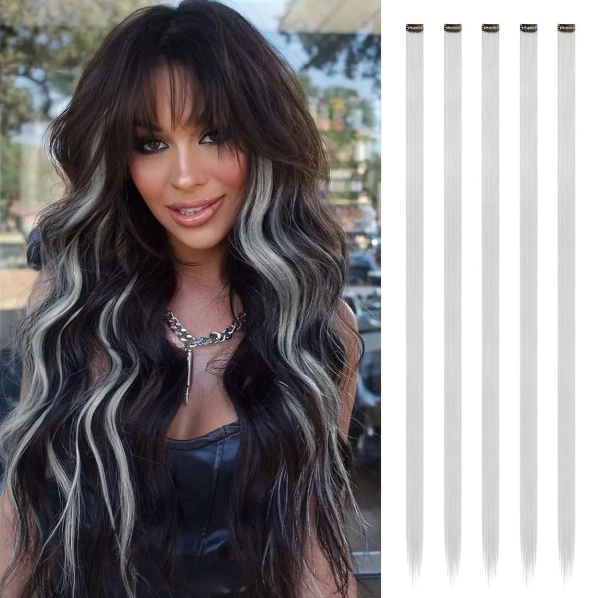 Synthetic 5PCS Colorful Hair Extensions Party Highlights Colorful Clip in Hair Extensions Straight Hairpieces for Women Girls — image 10