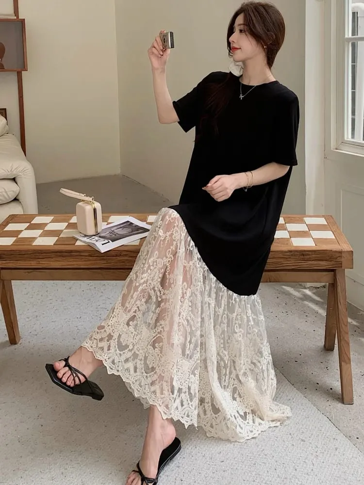 plus Size Women's Lave Patchwork Dress Summer 2026 Loose Long Dresses Robe Elbise Short Sleeve Korean Style Floral Hem — image 2