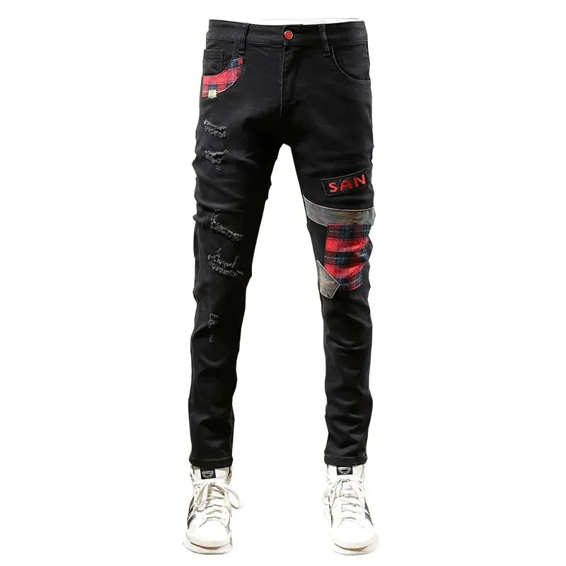 Men's Ripped Jeans with Patchwork Design Slim Fit Skinny Spring Trendy Street Motorcycle Style Black Long Pants — image 5
