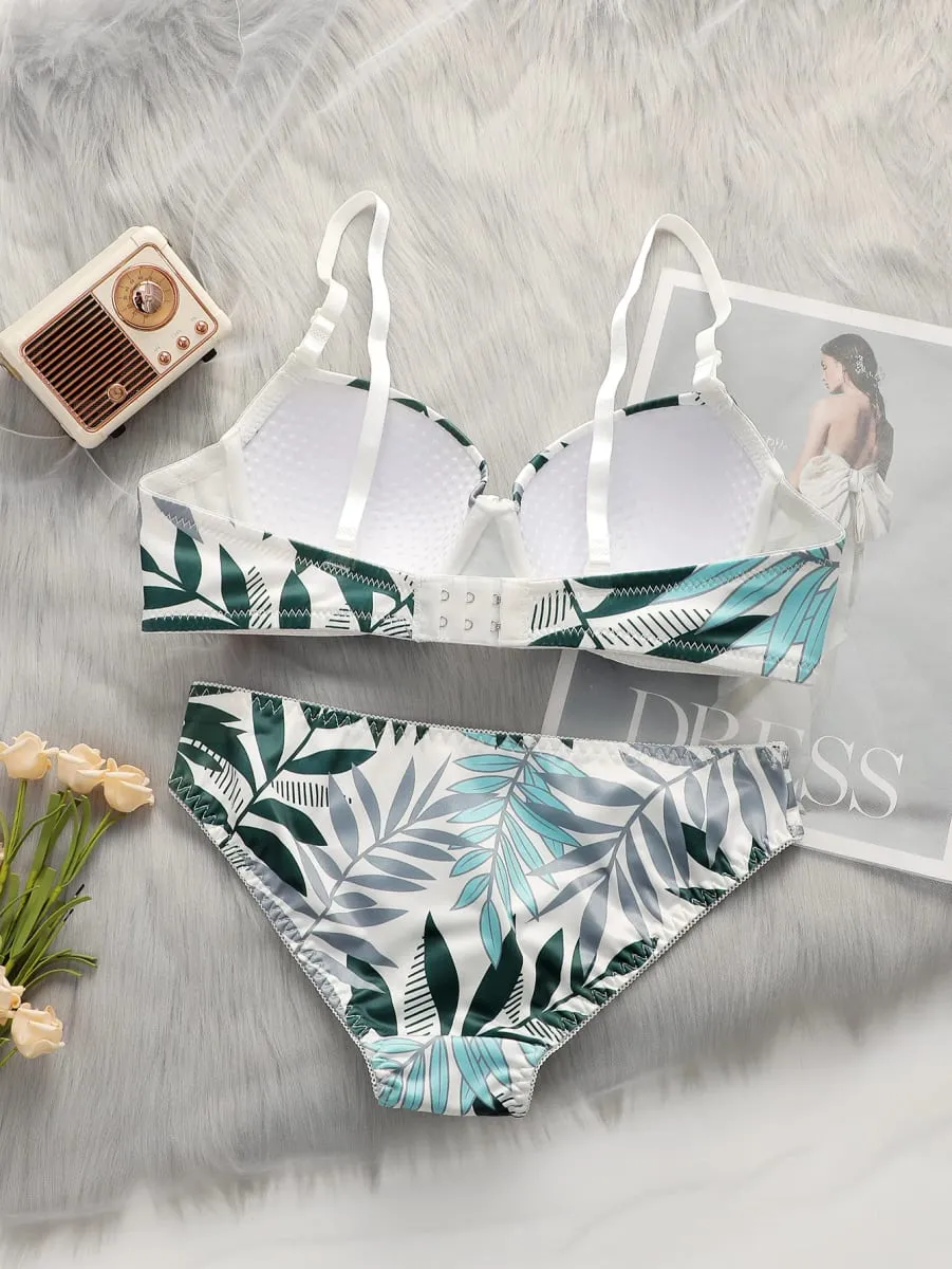 Women's Sexy Underwear Set Steel Ring Pull Gathering 3/4 Cup Leaf Printed Underwear Underwear Set A2137 — image 6