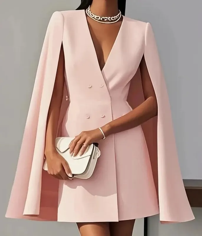 Womens Dresses 2025 Spring Autumn New Commuting Double Breasted Shawl Cape Solid Color V-Neck Mini Dress Women's Clothing — image 6