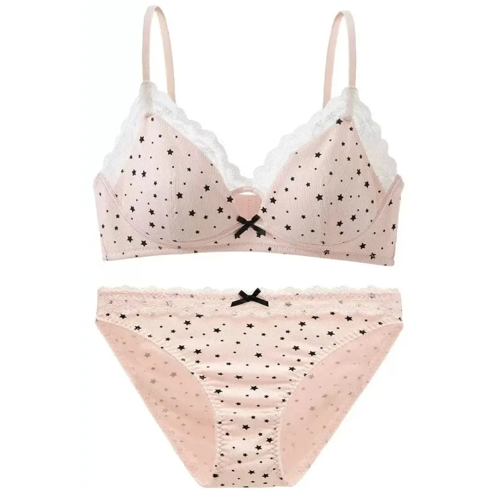 Set Bra Wanita Tanpa Berwayar Sokongan Lembut Tekan Ke Atas Untuk Payudara Kecil Mengelakkan Kendur & Tersebar Sisi Pakaian Dalam Gaya Girly Manis 32‑38