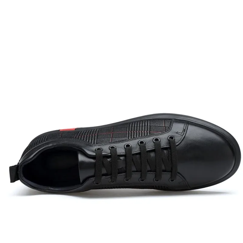 New Arrival Men Black Leather Plaid Panel Sneakers Luxury Style Lace Up Casual Shoes Non Slip Platform Walking Footwear