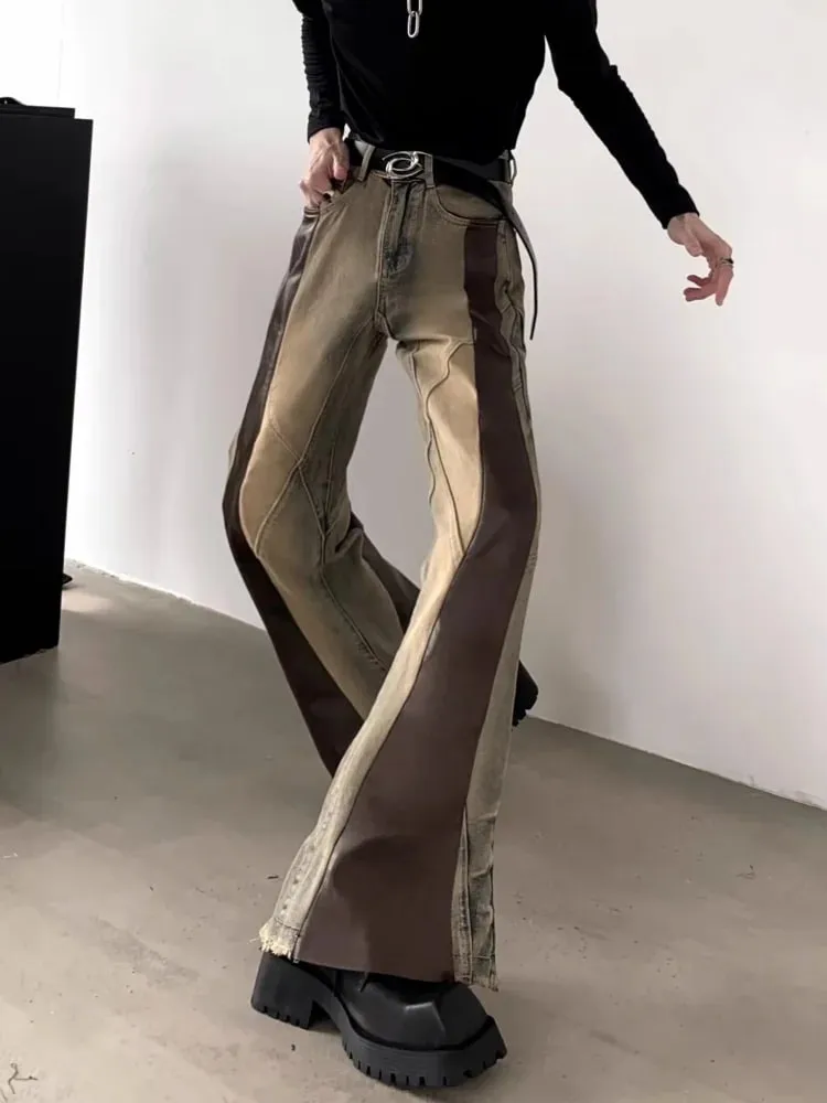 Trashy Y2K 2000S Pu Leather Patchwork Slim Flare Jeans Pants For Men 90S Vintage Clothes Colorblock Denim Trousers Moda Hombre — image 5