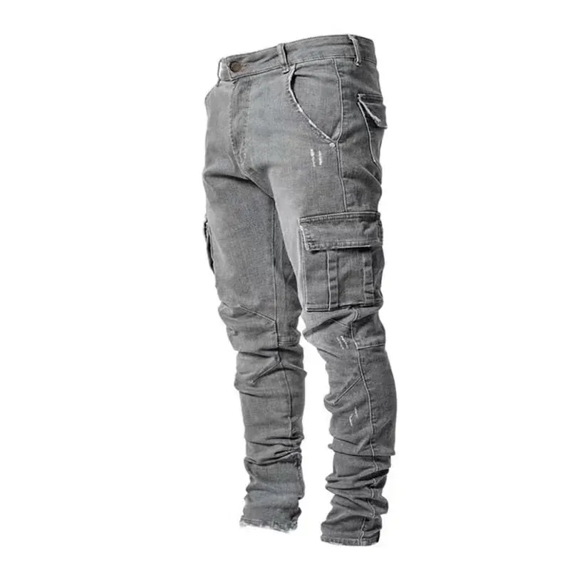 Street Elastic Jeans Men Denim Cargo Pants Wash Solid Color Multi Pockets Casual Mid Waist Trousers Slim Fit Daily Wear Joggers — image 11