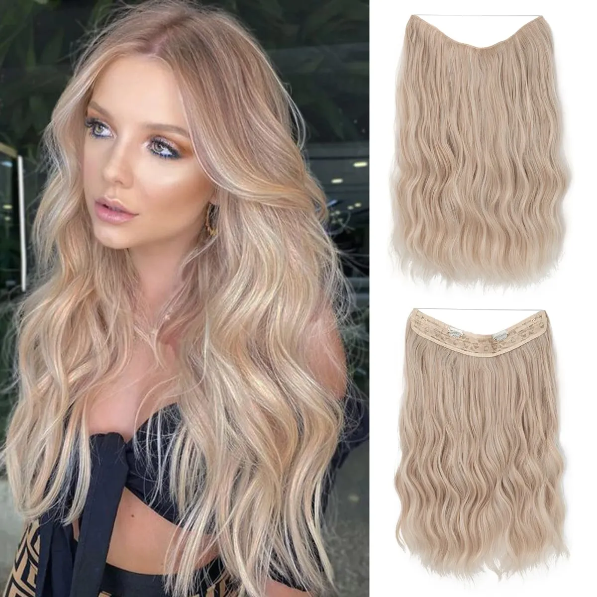 Synthetic Wave Invisible Wire With Clips Hair Extensions Fish Line Natural Blonde Clip In Hairpiece Fake Hair Piece — image 26