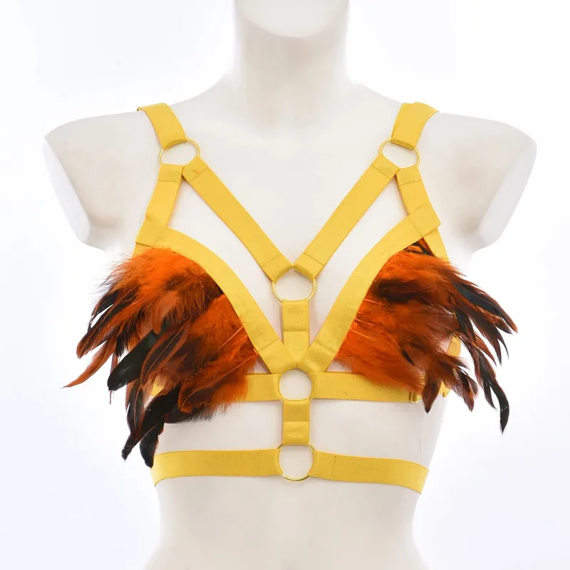 Gothic Elastik Body Harness Cage Bra Hollow Laraskan Set Pakaian Dalam Seksi Punk Halloween Feather Performance Pakaian Bondage Harness