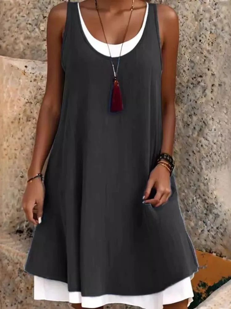 Women's Solid Dress Fashion O Neck Pullover Sleeveless Fake Two Piece Loose Beach Dresses For Women Summmer New Womens Clothing — image 5