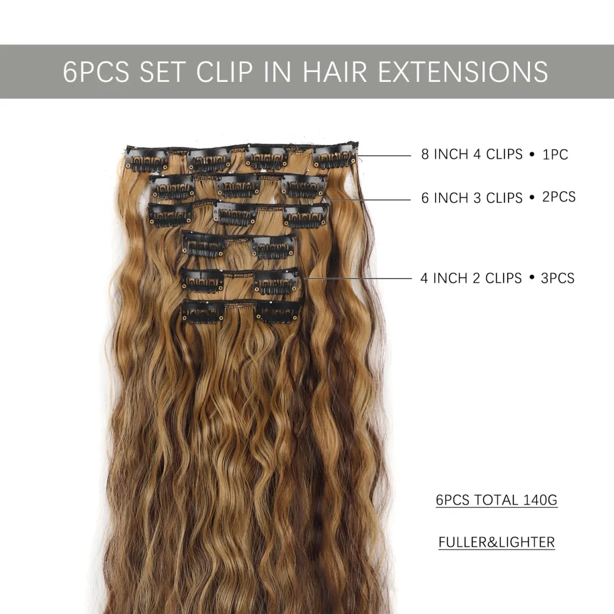 6PCS Clip In Hair Extensions Water Wave 20inch Long Synthetic Clip On Hairpiece Corn Wavy Style For Women Girls Daily Party