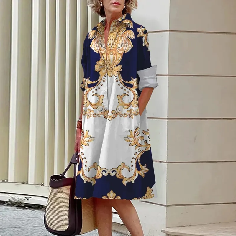 2024 Elegant Ladies Long Sleeve Shirt Dress Lapel Button Exquisite Printing Mid-Length Dress Casual Loose Commuter Shirt Dresses — image 9