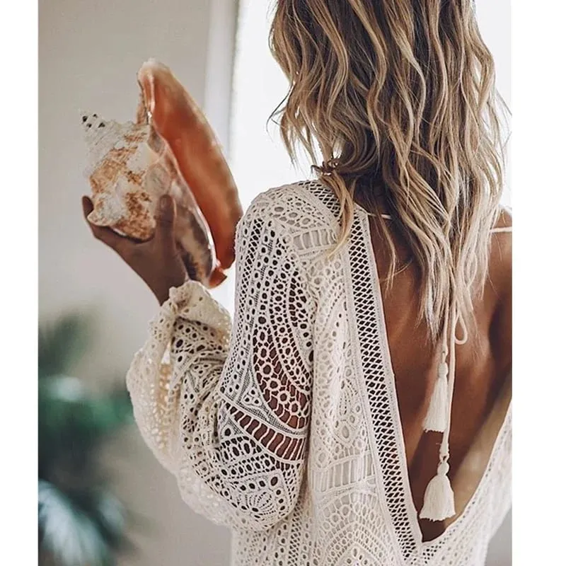 Women Sexy Boho Hollow Out Backless Deep V Neck White Beach Dress Long Sleeve Lace Up Tassel Loose Holiday Casual Mini Dress — image 2