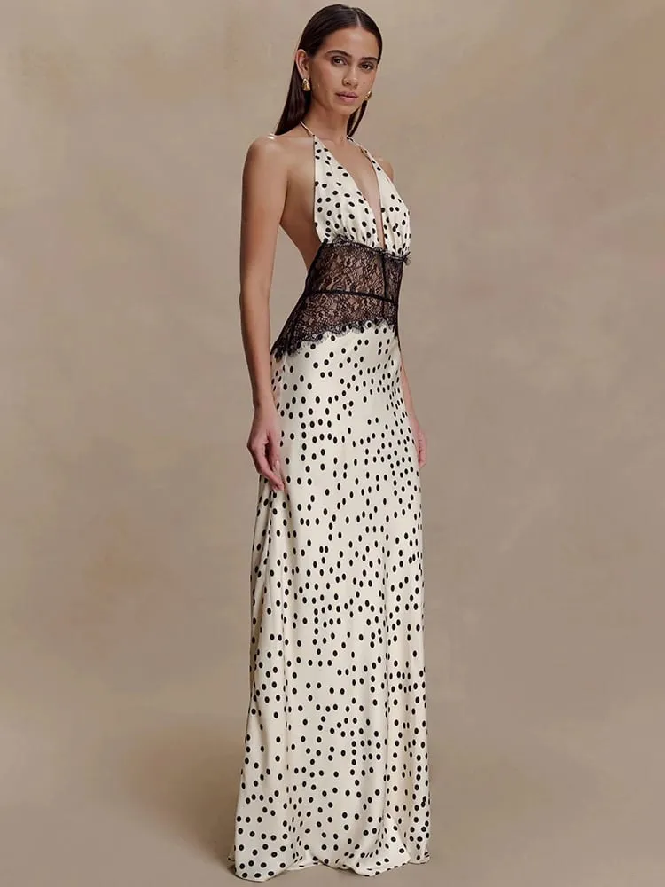 Mozision polka dot sem costas sexy maxi vestido feminino elegante retalhos rendas halter decote em v profundo sem mangas bodycon clube vestido — image 3
