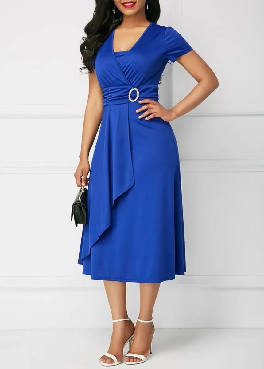 Elegant Women Solid Color Short Sleeve V Neck Asymmetric Hem Waist Tight Midi Party Dress Ladies Evening Vestidos DF4916 — image 2