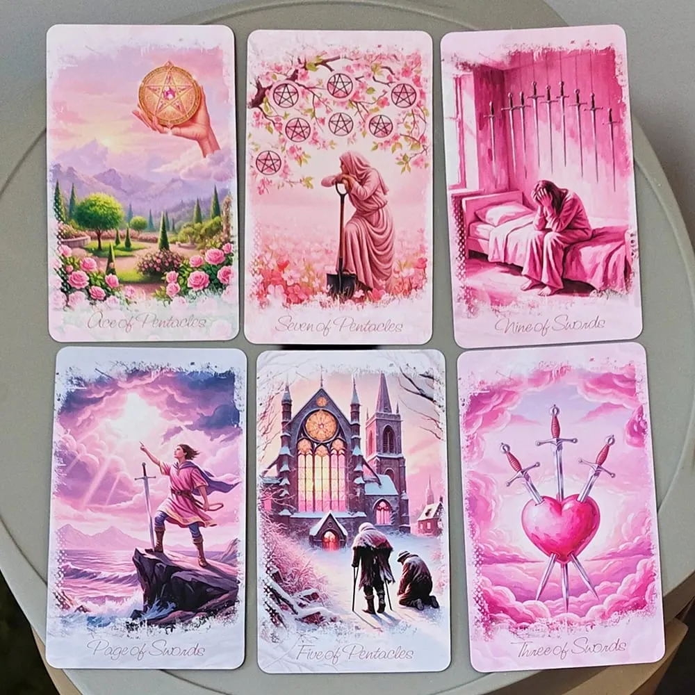 Pembe Romantik Fantezi Tarot Güverte Teneke Kutuda 11*6.2 cm 78 Kartlı Tam Güverte Talimat Kitabı Manevi Kehanet Oracle — image 6