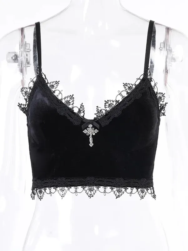 Velvet Y2K Mall Goth Crop Tops Black Lace Trim Emo Alternative Aesthetic Crop Tops Women Backless Sexy Strap Tanks — image 6