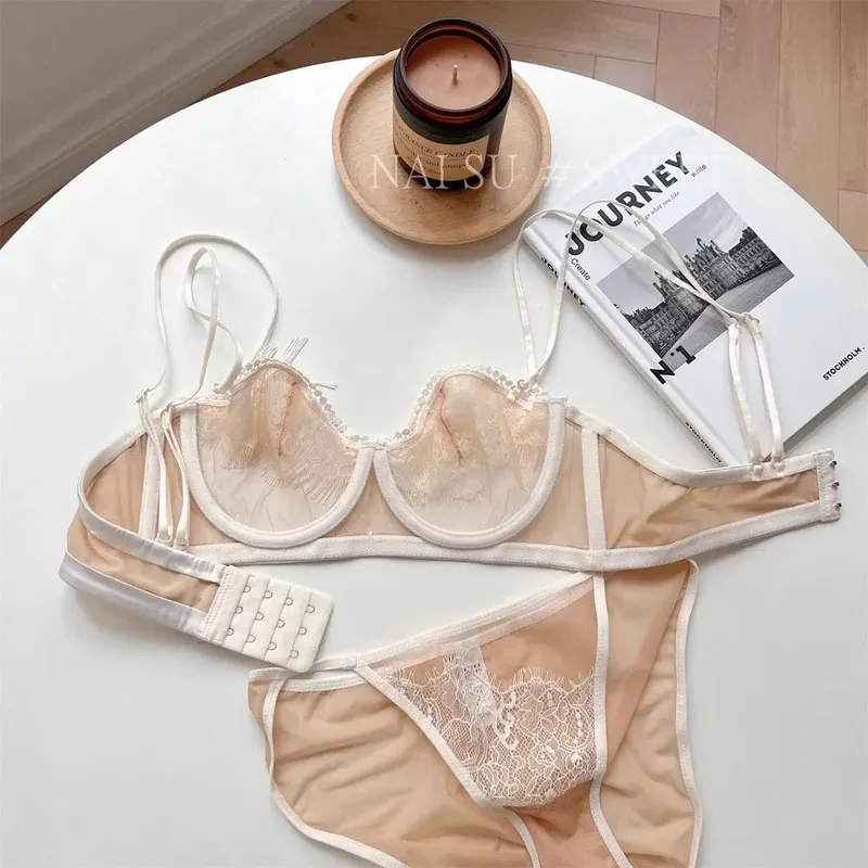 Premium Sheer Mesh Bra Set Fringed Lace Half-Cup Minimizer Ultra-Thin Luxury Lingerie Full Bust Coverage Slim Silhouette — image 9