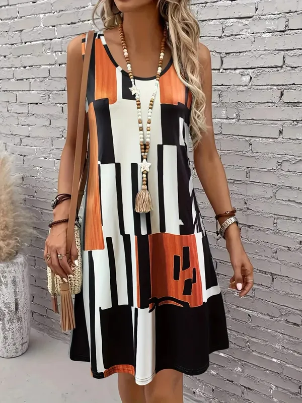 Spring&Summer Women's Geometric Pattern Sleeveless Dress For Summer Vacation dresses for women summer，Women Bohemia Midi Dresses