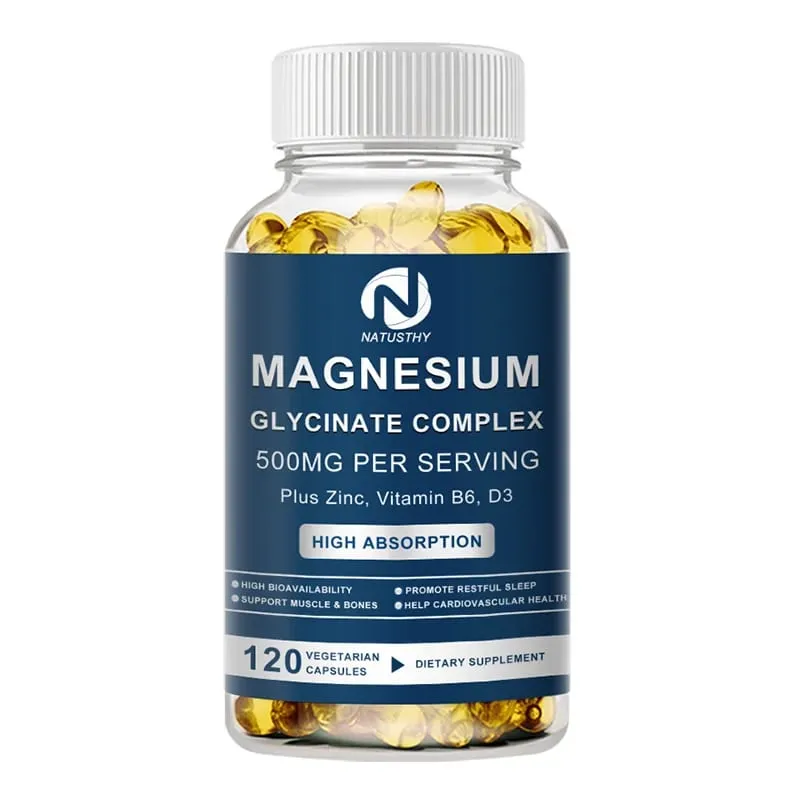 Magnesium Glycinate Supplement 500mg & Zinc Vitamin D3 B6 High Absorption Support for Women & Men Mineral Vegan Capsules