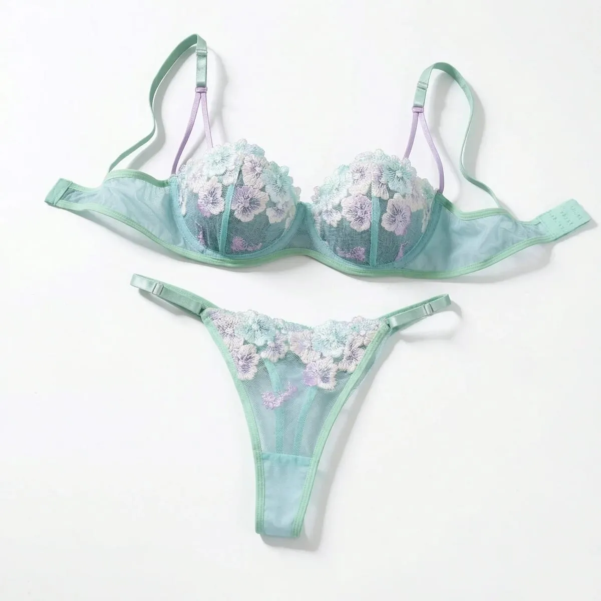 Sheer Mesh Floral Embroidery Lingerie Set Women Underwire Bra And Thong Set Color Contrast Sexy Lace Intimate Lingerie — image 1