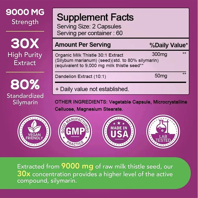 Organic Milk Thistle 9000mg 30X Concentrated Seed Extract 80% Silymarin Liver Support Cleanse Detox Fatty Liver Supplements — image 4