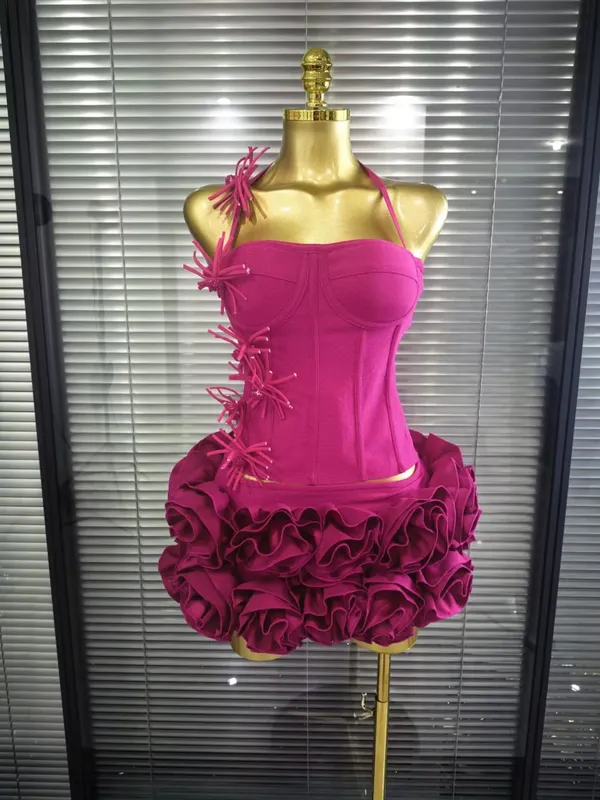 High Quality Black Red Women Sexy Halter Full Florals 2 Pieces Set Bodycon Mini Bandage Dress Celebrate Nightclub Party Wear