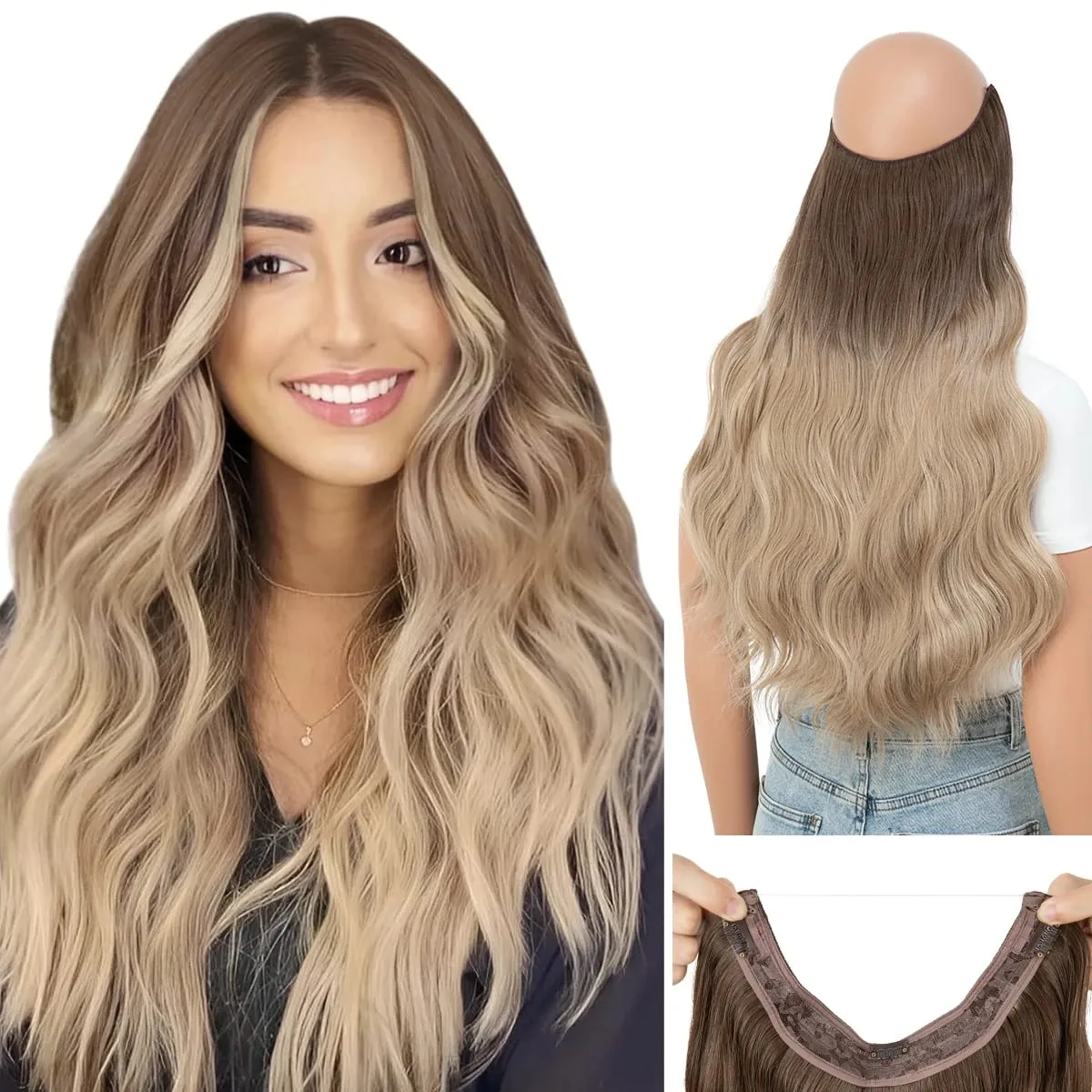 Synthetic Wave Invisible Clip in Hair Extensions Fish Line Ombre One Piece Natural Hairpiece Fake Blonde Hair Piece — image 12