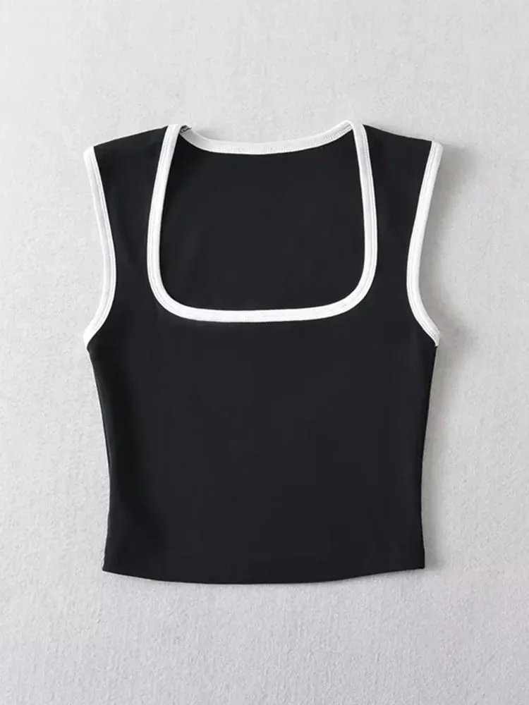 Woman Fashion Slim Solid Contrust Camis Casual Sleeveless Tanks Square Collar Crop Tops Clothing Streetwear Mujer 2024 Y2k — image 2