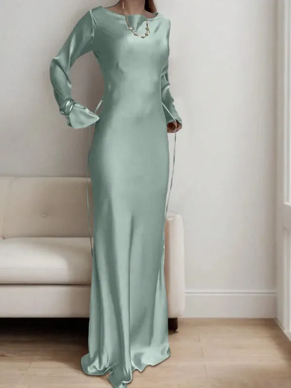 Abito lungo da donna in raso su misura con corsetto in vita, scollo rotondo classico e abito da sera di lusso con maniche svasate drammatiche — image 11