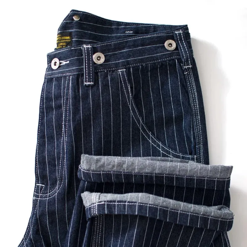 13.5oz Paris Buckle Vintage Vertical Striped Raw Blue Denim Jeans Men Amekaji Wide Leg Loose Straight Bib Suit Pants Handsome — image 3