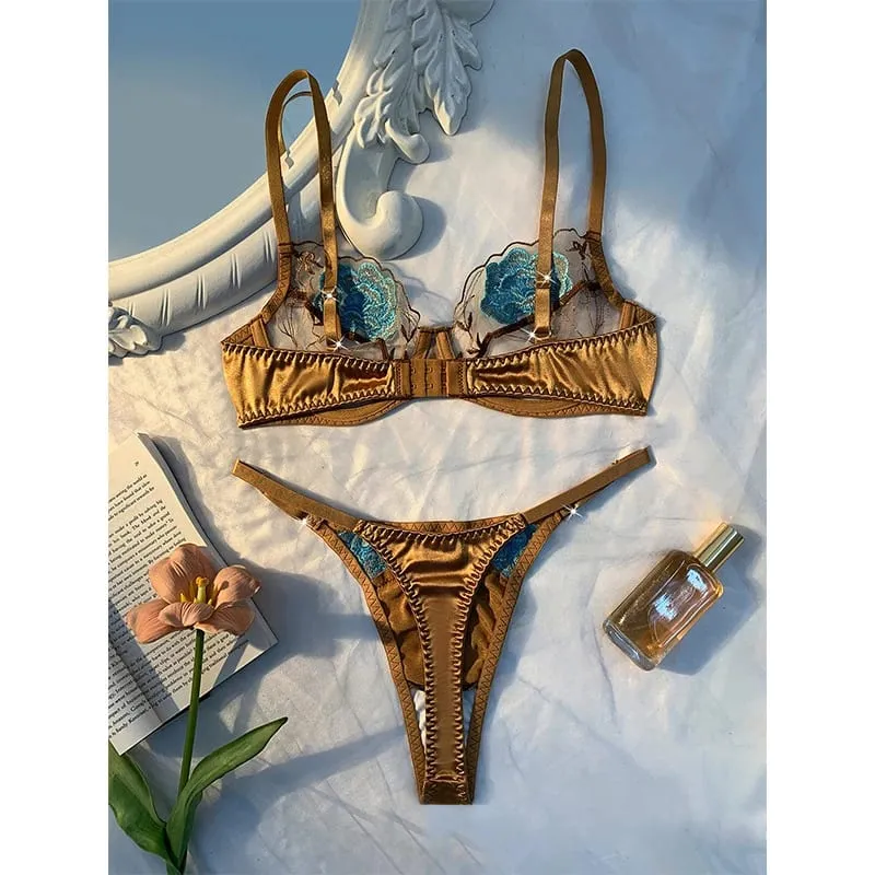 Sexy Bras for Women Fancy Lingerie Luxury Satin Underwear Delicate Embroidery Erotic Lingerie 2 Pieces Translucent Bralette Sets — image 4
