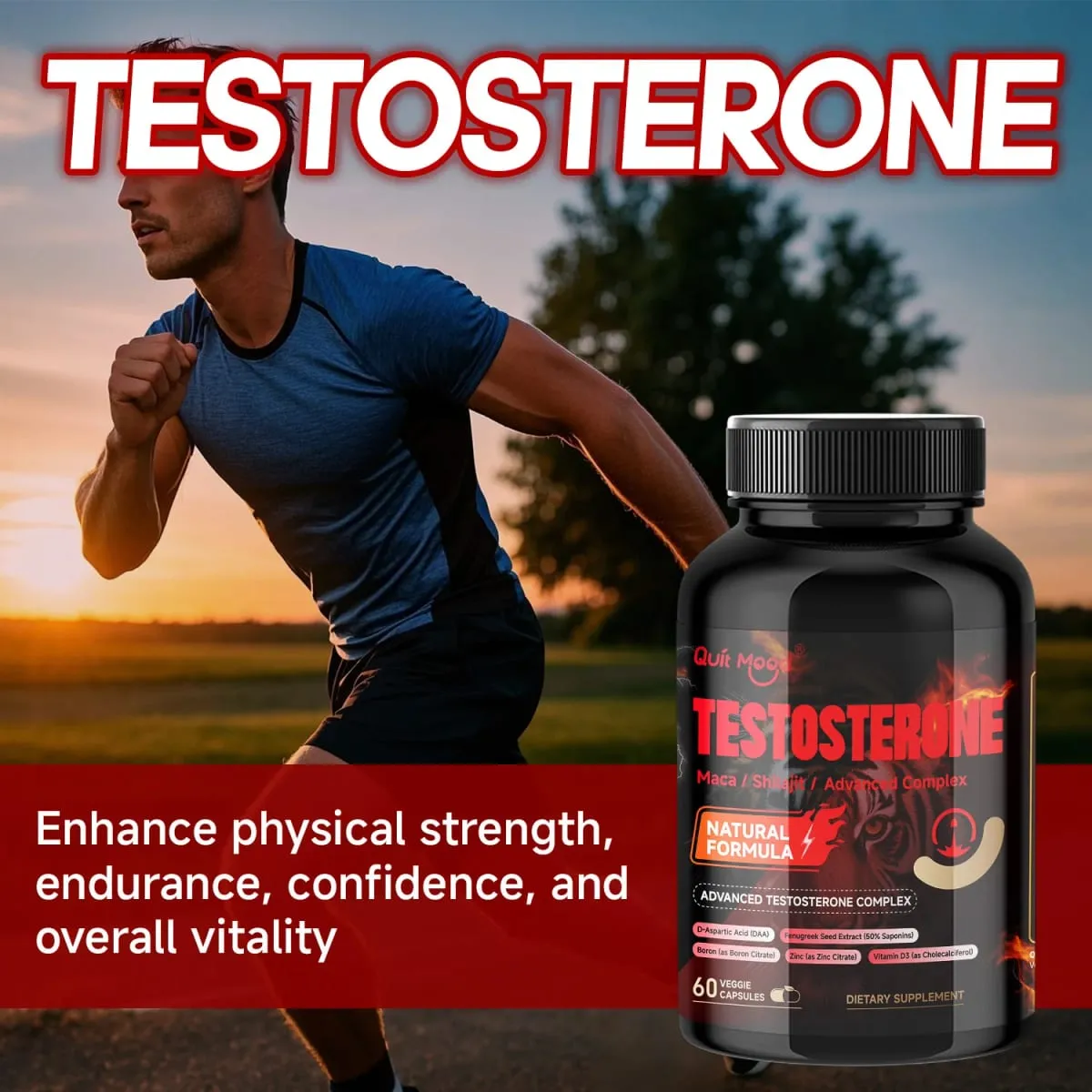 Quit Mood Men's Testosterone Capsules | 100mg Maca & 50mg Shilajit & More | Hormone Balance & Stamina Enhancer – 60 Capsules — image 1