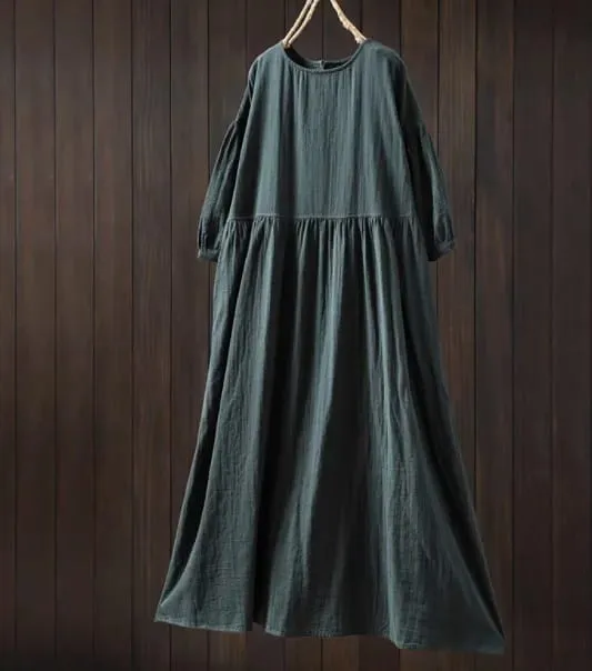 Johnature Women Vintage Cotton Dresses O-Neck Half Sleeve Soft Solid Color Robes 2025 Summer New Casual A-Line Female Dress — image 9